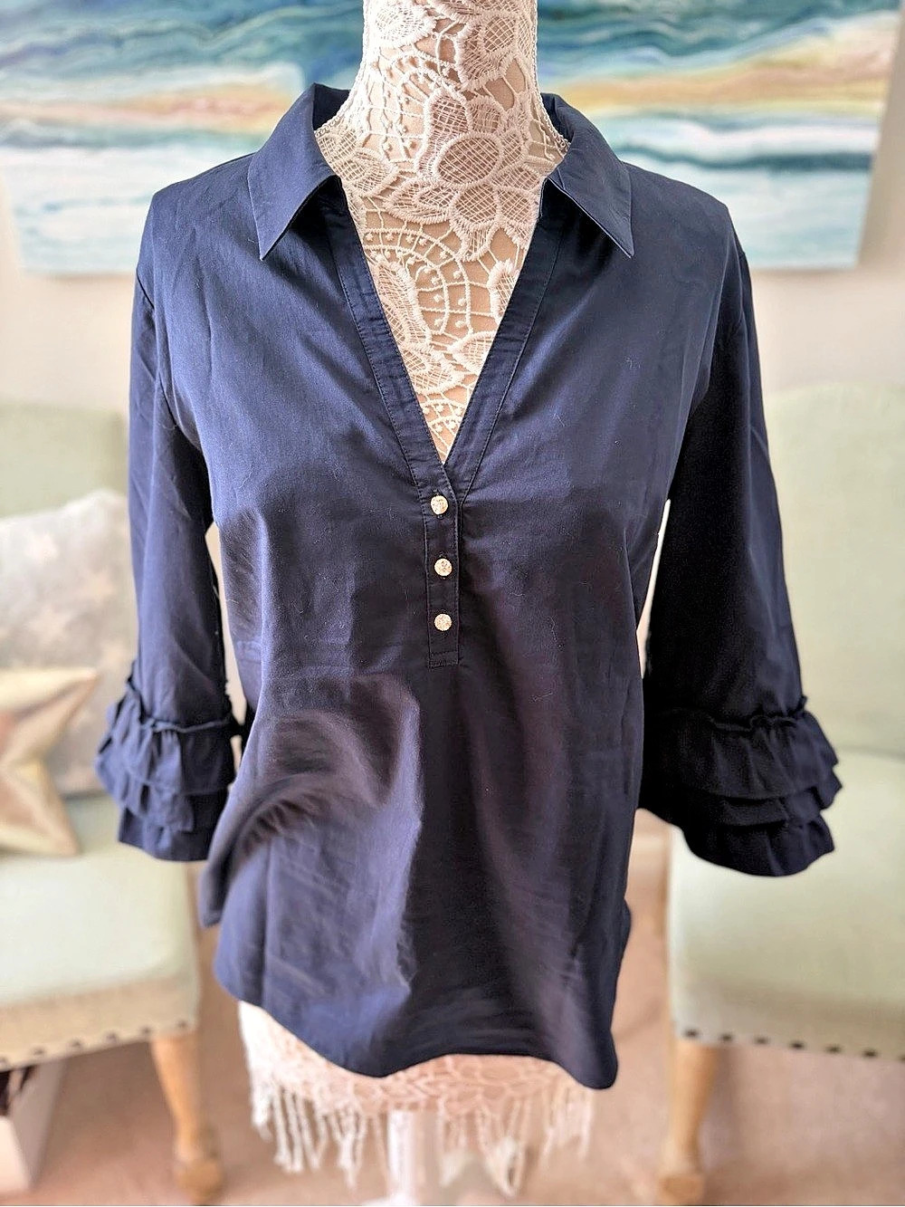 Lilly Pulitzer Ruffle Sleeve Blouse in Blue Large